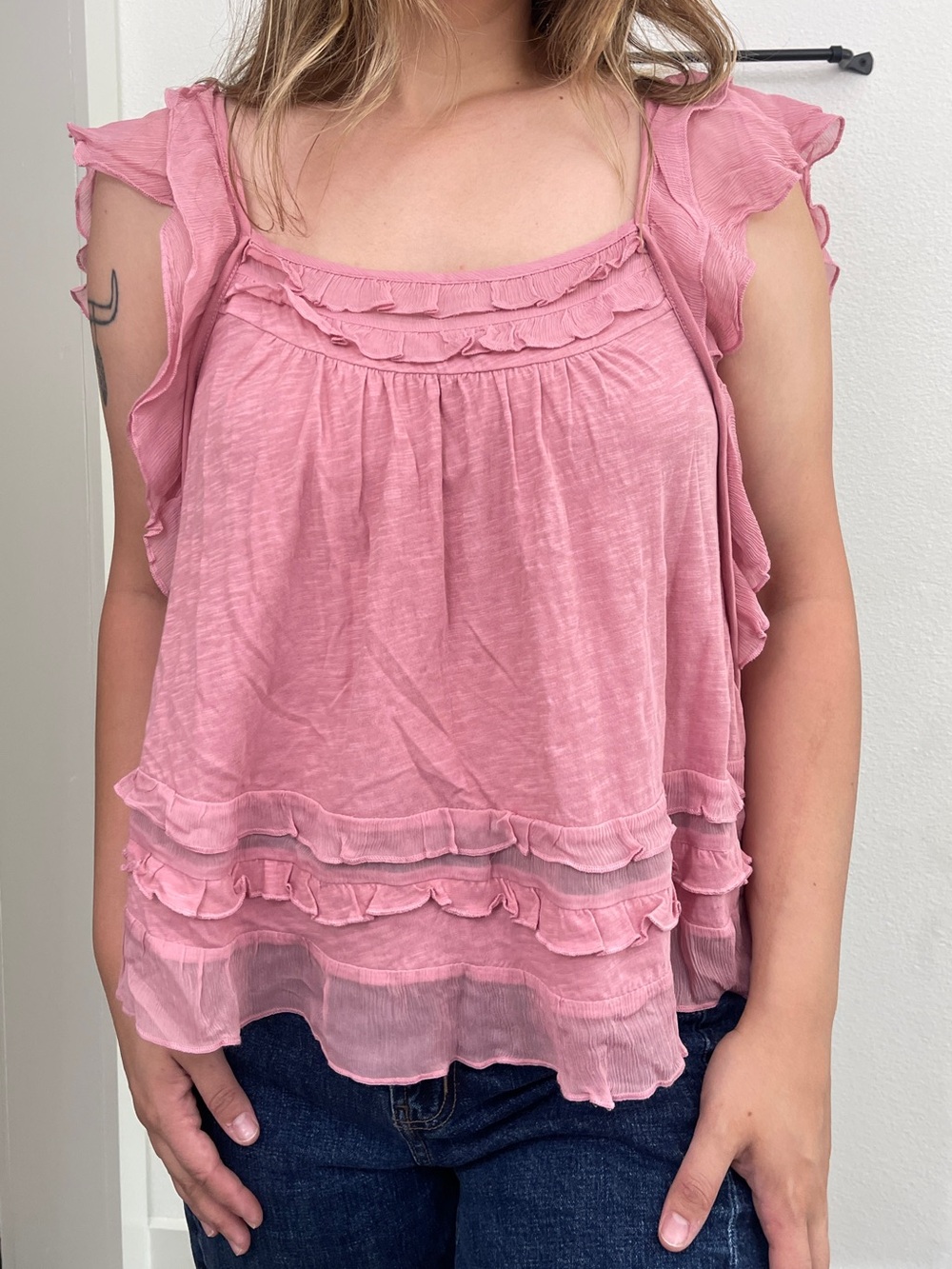 NWT 🏷️ Anthropologie Pink Ruffled Square-Neck Women’s Top - FIRM